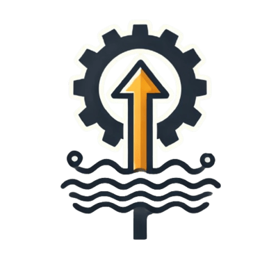 The graphic shows an upward arrow symbolizing increased efficiency through AI automation. The arrow is surrounded by a gearwheel, representing the automation process. 