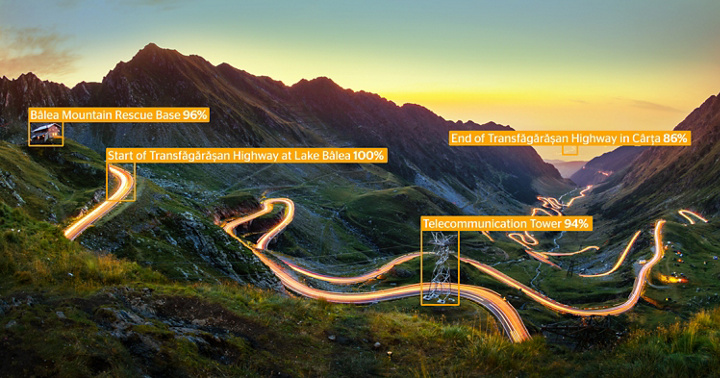 Transfăgărășan Highway at sunrise, highlighted with AI object recognition. Key locations identified: Balea Mountain Rescue Base (96%), Start of Transfăgărășan Highway at Lake Balea (100%), Telecommunication Tower (94%), and End of Transfăgărășan Highway in Carta (86%). This image represents Continental's AI Living Lab in Romania, established in 2023, showcasing the integration of AI in daily operations and its significance to the local team and country. 