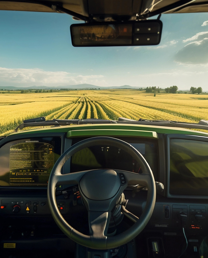 POV view from the cabin of a tractor harvesting rapeseed in a field. Modern tractor interior. Technological progress in farming, new efficient technologies, automated cultivation methods