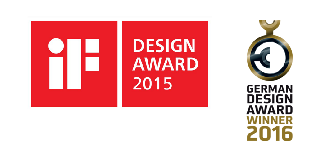 Image with two design award logos. On the left a red square with the white letters “iF” and the words “DESIGN AWARD 2015”. On the right a round gold-black logo with the text “GERMAN DESIGN AWARD WINNER 2016”.