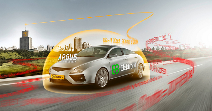 Concept car on a road with Argus and Elektrobit Continentals partners for cybersecurity