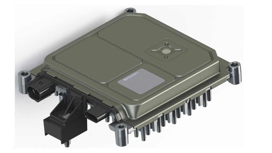 Image of an automotive electronic control unit (ECU) with connectors and a metallic casing, featuring a complex array of internal components and cooling fins.