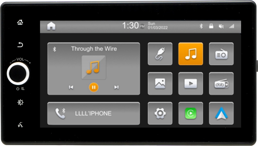 A car stereo display showing the music player interface. The screen displays the song "Through the Wire" playing from a connected device named "LLL[L]PHONE". Various icons for navigation, music, calls, and settings are visible.