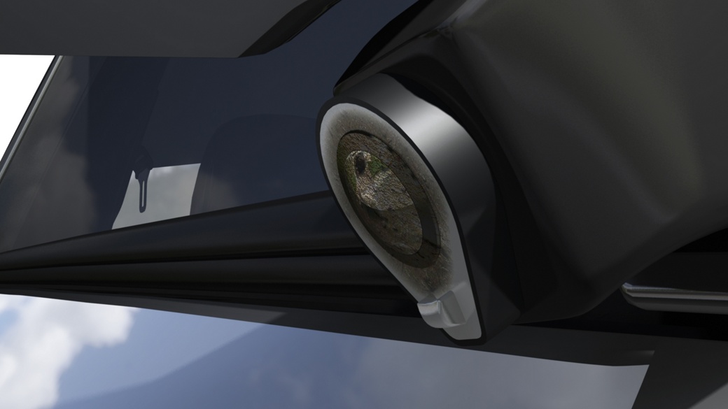  Close-up of a modern side-view camera mounted on the exterior of a vehicle, replacing traditional mirrors. The camera is sleek with a metallic finish and is integrated into the car's design, reflecting surrounding elements like the sky and clouds.