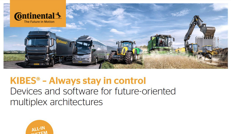 Graphic image of a commercial vehicle fleet whose onboard electronics can be developed with KIBES. From left to right: black semi-trailer truck with trailer bearing the Continental logo. Silver coach. Yellow-green tractor. Green combine harvester. Yellow excavator.