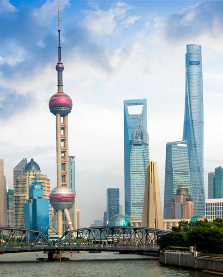Shanghai skyline with historical Waibaidu bridge, Shanghai, China