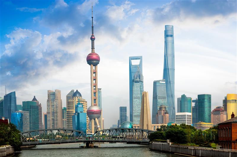Shanghai skyline with historical Waibaidu bridge, Shanghai, China