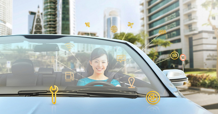 Woman inside a car with icons about cybersecurity