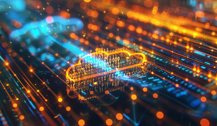 Digital informational technology web futuristic hologram with cloud icon, blue golden light digits and code background, cloud computing. Abstract Motion of digital data flow. Generative AI hyper realistic --ar 16:9 Job ID: 2978e1d6-58e6-43a0-aece-9e335770