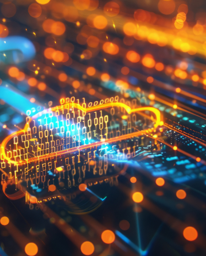 Digital informational technology web futuristic hologram with cloud icon, blue golden light digits and code background, cloud computing. Abstract Motion of digital data flow. Generative AI hyper realistic --ar 16:9 Job ID: 2978e1d6-58e6-43a0-aece-9e335770