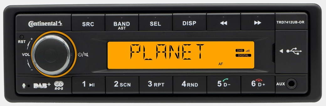 A car stereo system with a digital display showing the word "PLANET". The device has buttons for SRC, BAND, SEL, DISP, and preset numbers 1 to 6, as well as volume control, USB port, and auxiliary input. The brand name "Continental" is on the top left.