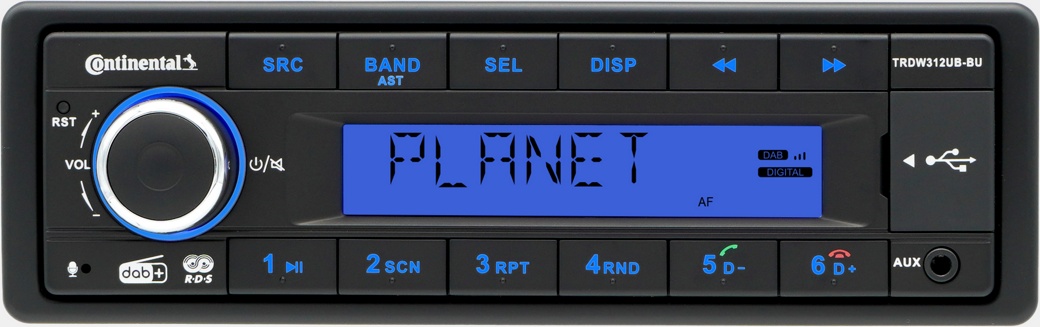 A car stereo faceplate displaying "PLANET" on the digital screen. It features various buttons including SRC, BAND, SEL, and DISP along with numeric keys 1 to 6. There is also a USB port and an auxiliary input on the right side. The brand "Continental" is visible on the left.