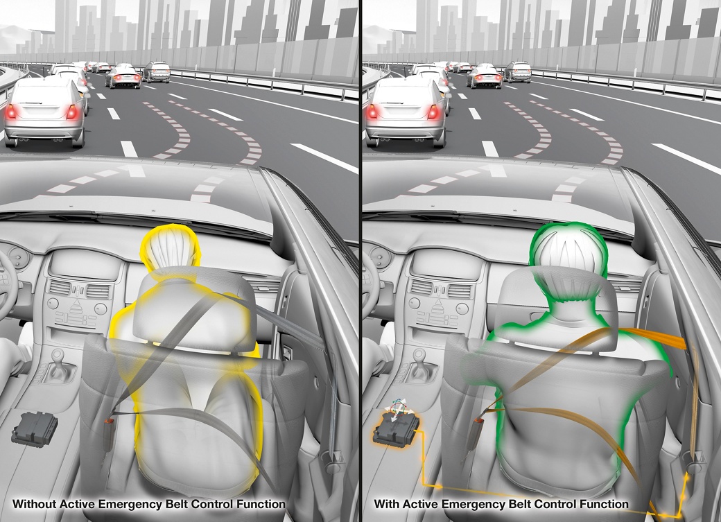 Active Emergency Belt Control prepares occupants and vehicle for an accident in case the crash is unavoidable