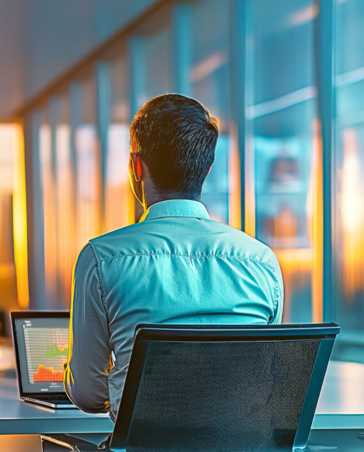 Focused analyst studies financial data on multiple screens in a high-tech office environment, as the setting sun casts a warm glow