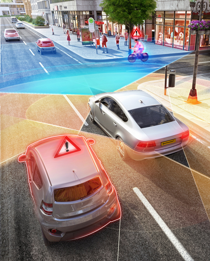 The long-range radar supports autonomous emergency braking when traffic is crossing at intersections and also reliably identifies (motorized) cyclists.