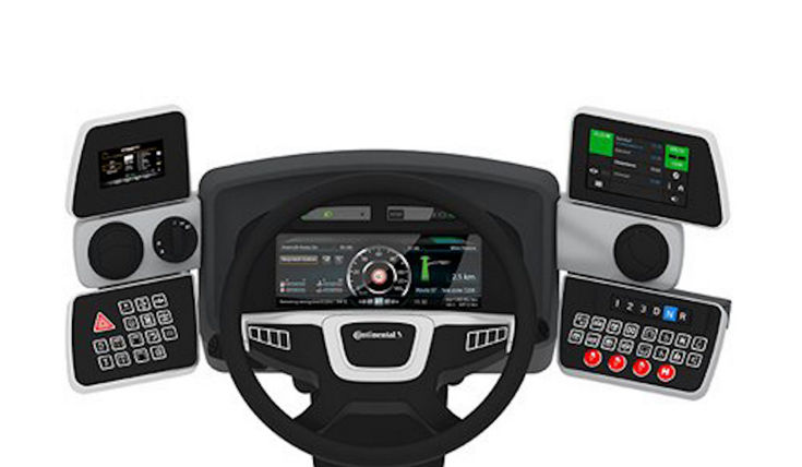 Illustration of a modular driver's workplace with the steering wheel and the central instrument display in the middle, with further displays and switch panels to the left and right.