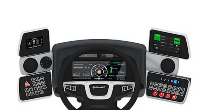 Illustration of a modular driver's workplace with the steering wheel and the central instrument display in the middle, with further displays and switch panels to the left and right.