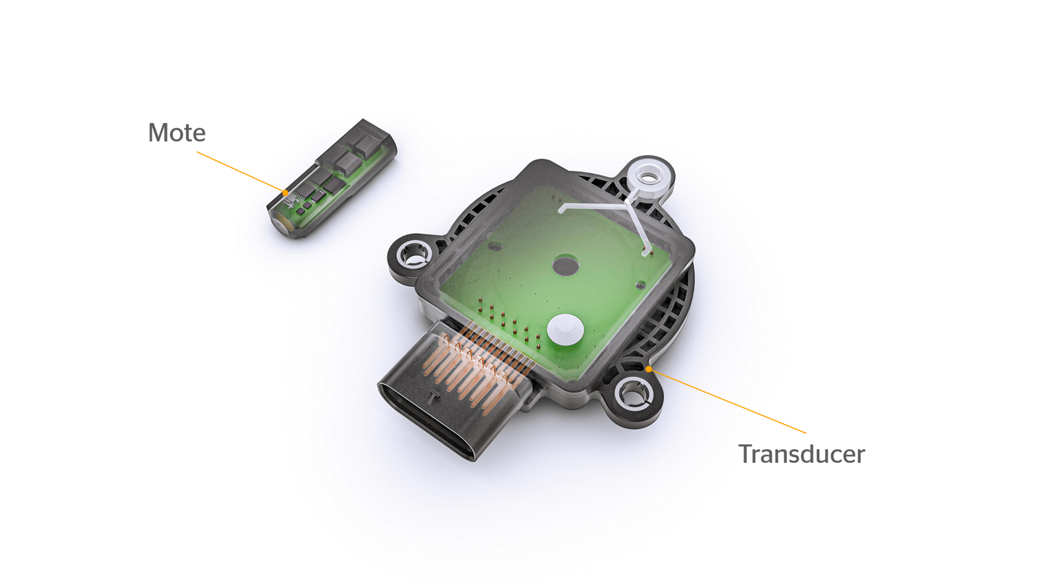 The temperature sensor unit (mote), smaller element - left in the picture above, directly measures the rotor temperature in the immediate vicinity of the magnets within electric motors and uses a wireless signal transmission, based on ultrasound, to the transducer, larger element - on the right in the picture below.