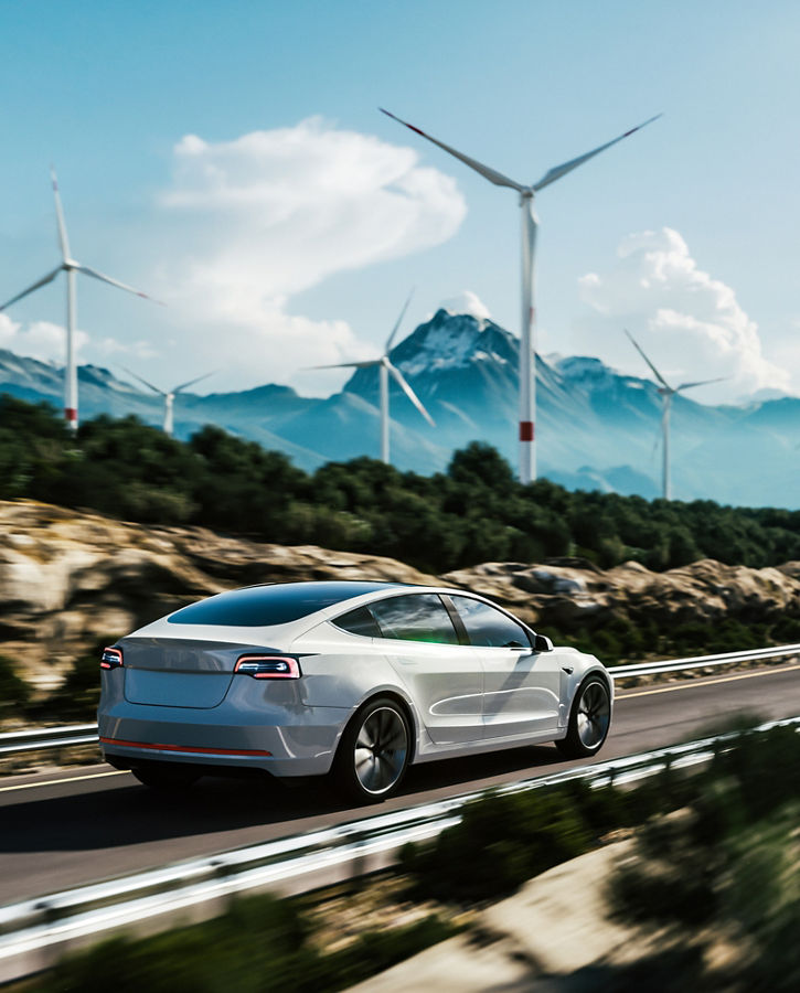 Electric car drive on the wind turbine background