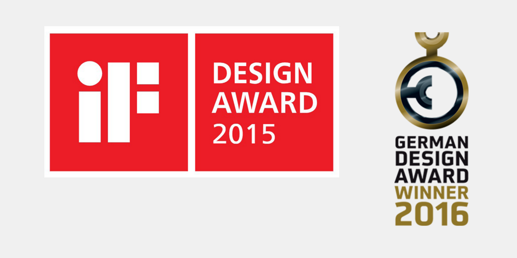 Image with two design award logos. On the left a red square with the white letters “iF” and the words “DESIGN AWARD 2015”.