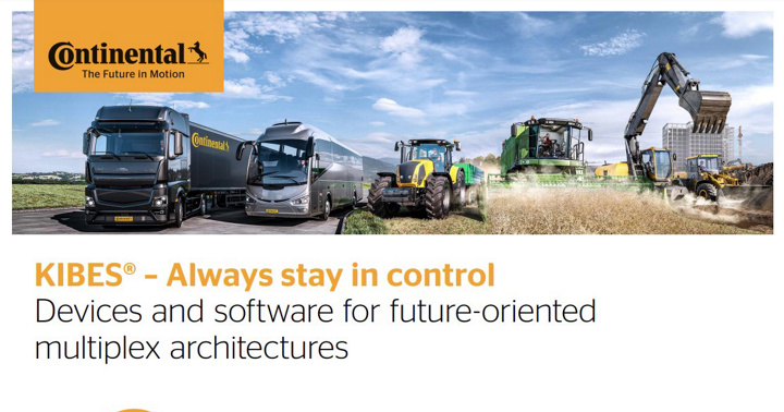 Graphic image of a commercial vehicle fleet whose onboard electronics can be developed with KIBES. From left to right: black semi-trailer truck with trailer bearing the Continental logo. Silver coach. Yellow-green tractor. Green combine harvester. Yellow excavator.