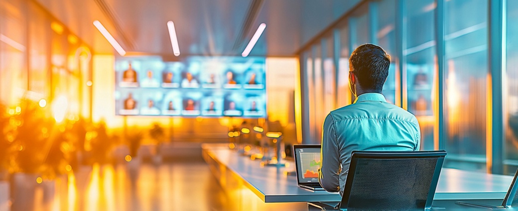 Focused analyst studies financial data on multiple screens in a high-tech office environment, as the setting sun casts a warm glow