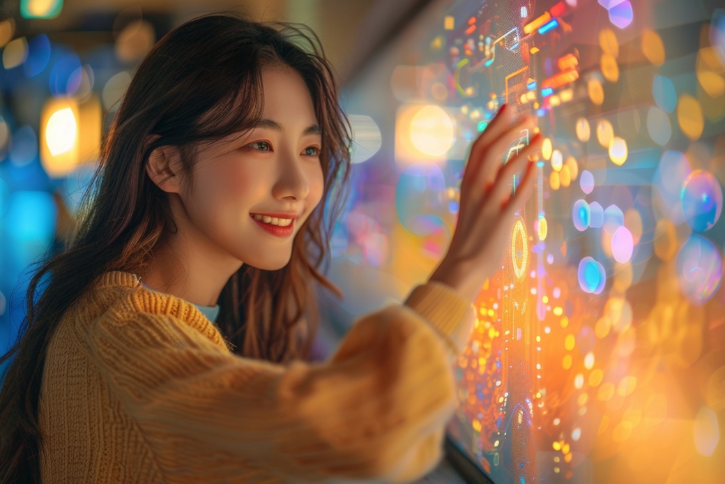 A woman interacts with cutting-edge holographic technology, manipulating a vibrant virtual 3D interface with her hand in a colorful, illuminated digital environment.