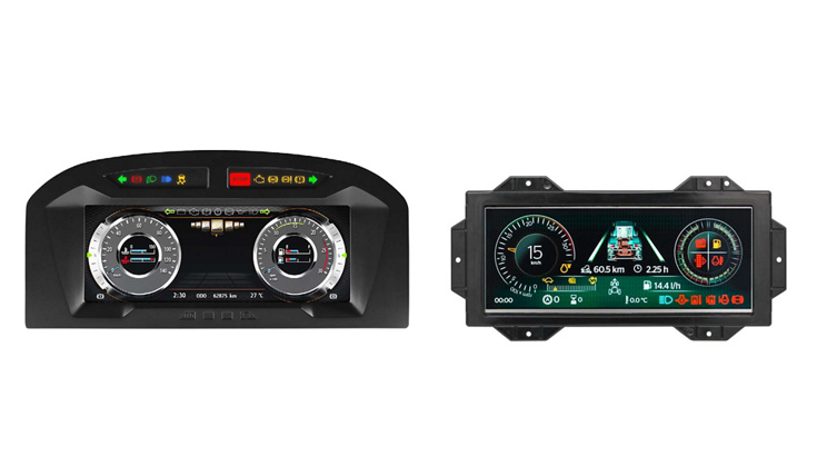 Image of the two variants of the MultiViu® Professional 12 Generation 2 instrument cluster. The Modern variant is shown on the left without an additional installation frame and the Classic variant with an installation frame is shown on the right. The display depicts various driving information.