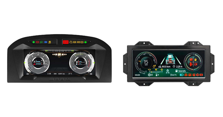 Image of the two variants of the MultiViu® Professional 12 Generation 2 instrument cluster. The Modern variant is shown on the left without an additional installation frame and the Classic variant with an installation frame is shown on the right. The display depicts various driving information.