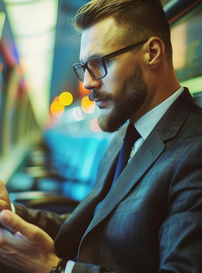 businessman checking stock prices on a tablet during his morning commute